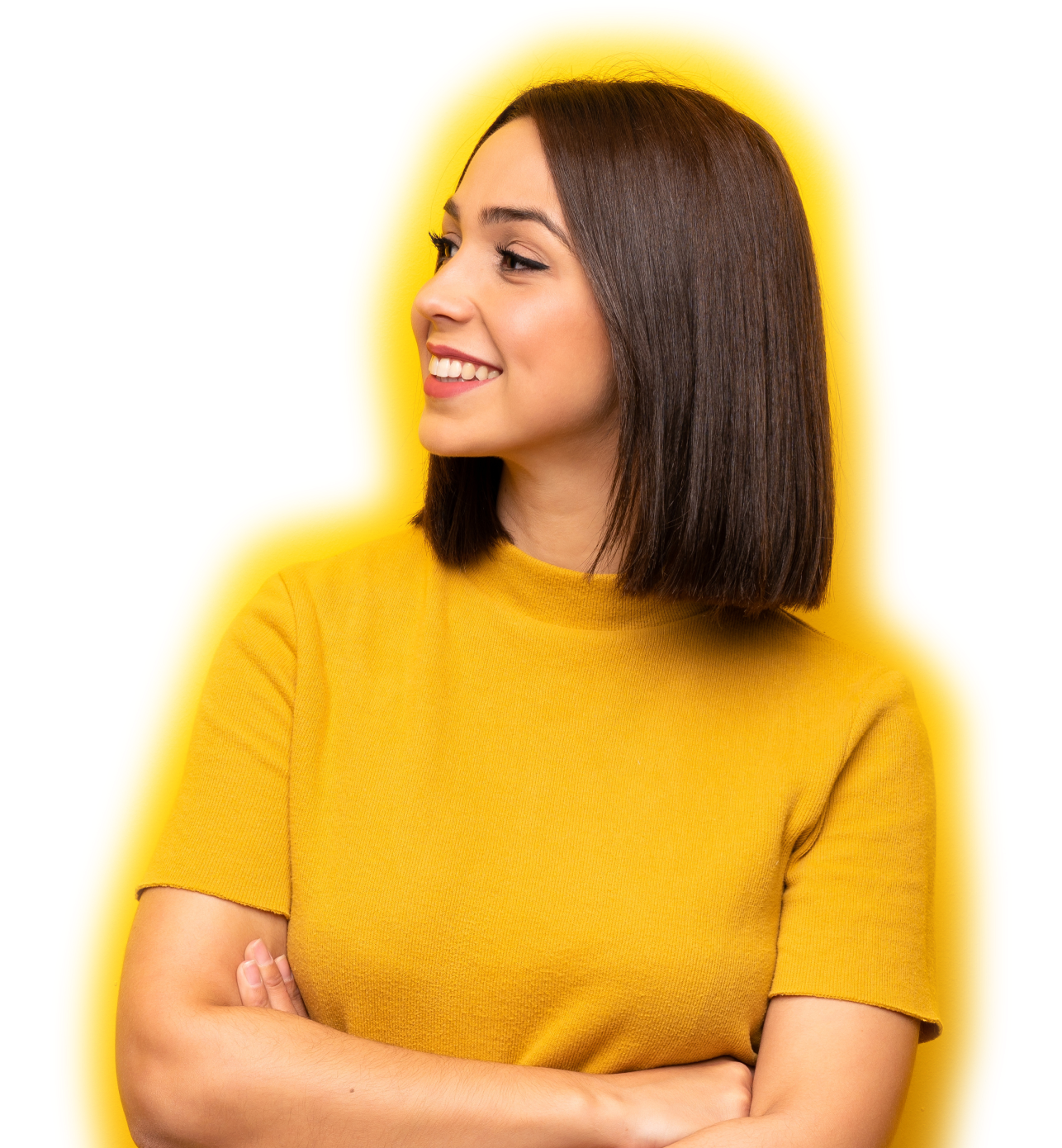 A woman crossing arms and looking up cheerfully